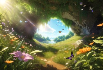 Summer forest cave glade with flowering grass and butterflies on a sunny day