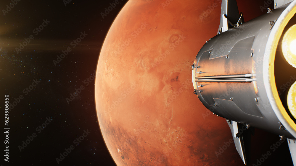 Wall mural realistic 3d animation of spaceship flying on mars in dark outer space. manned research space missio