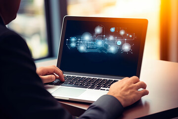 Businessman uses technology for project analysis resource management with a laptop