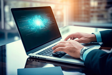 Businessman uses technology for project analysis resource management with a laptop