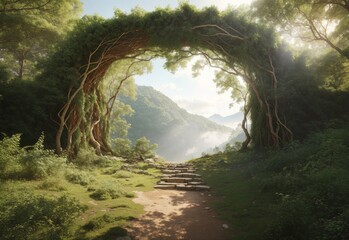 Natural archway shaped by branches in the forest - obrazy, fototapety, plakaty