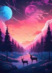 Naklejka premium A planet in universe with other life , deer in mountains, wallpaper. Generative Ai.
