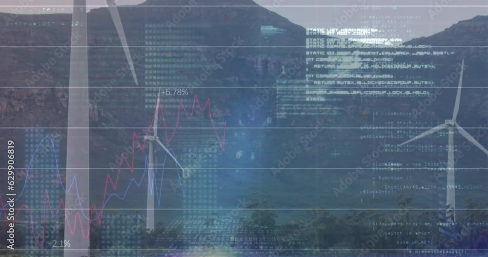 Poster Animation of statistical data processing over spinning windmills on grassland