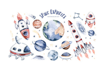 Astronaut baby boy girl space set, cosmonaut stars, planet, moon, rocket and shuttle isolated watercolor space ship illustration on white background, Spaceman cartoon kid astronout. universe  - 629906812