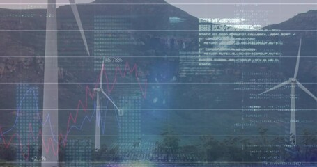 Animation of statistical data processing over spinning windmills on grassland - Powered by Adobe