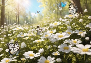 Forest glade with lots of white spring flowers and butterflies on a sunny day