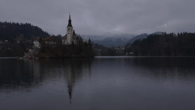 Lake Bled Church Island Morning Clouds in Winter Time