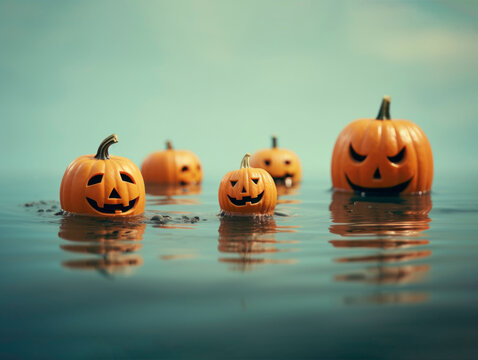 Halloween carved pumpkins floating on the water surface. Rainy October autumnal background. AI generated image