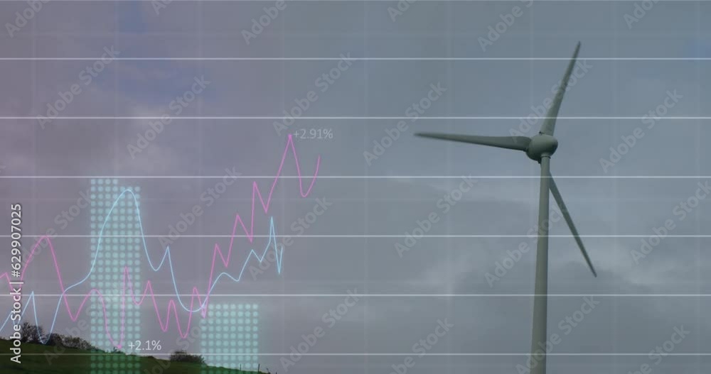 Poster animation of statistical data processing over spinning windmill against grey sky