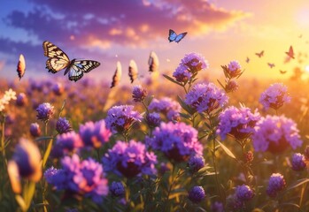 Beautiful summer sunset background with blooming wild lovanda flowers and flying butterflies in a sunny meadow
