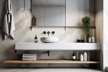 Obraz na płótnie Canvas a sink that is hanging on a shelf within a bathroom. Generative AI