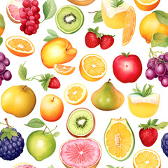 Seamless patterns of various food, ingredients, fruits and vegetables. Watercolor illustration background, Generative AI