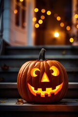 Spooky Halloween pumpkin glowing face,  jack lantern on wooden background made with generative ai technology ai generated