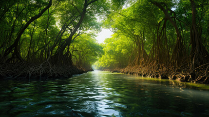 a long river with dense green trees on the sides where the sun shines through. Generative AI