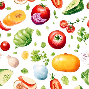 Seamless patterns of various food, ingredients, fruits and vegetables. Watercolor illustration background, Generative AI