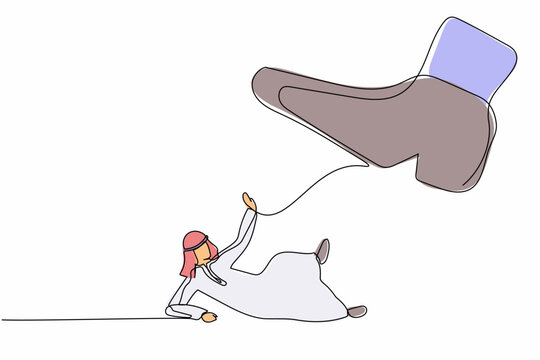 Single continuous line drawing small Arabic businessman under the giant foot. Big boss foot in the shoe going to crush manager. Minimalism metaphor concept. One line graphic design vector illustration