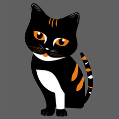 Tricolor stylized cat is sitting, vector graphics