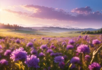 Fototapeta na wymiar Beautiful field meadow flowers purple in morning sunny meadow, nature landscape