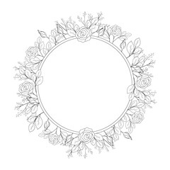 Round flower frame with roses, line.