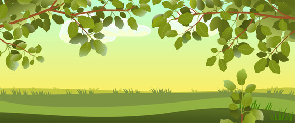 Summer landscape. Early morning in meadow. Beautiful tree branches. Garden and pasture. Garden plants. Rural look. Vector