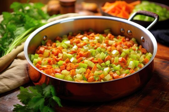 chopped onions, carrots, and celery in a pan for sofrito