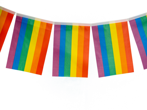 Rainbow flags hanging against a transparent background. Calling on all people to support and respect diversity, gender, and human rights and celebrate LGBTQ Pride month