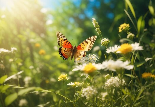 Abstract summer nature vast landscape background, Blooming wild grass and a flying butterfly in the forest at sunny day