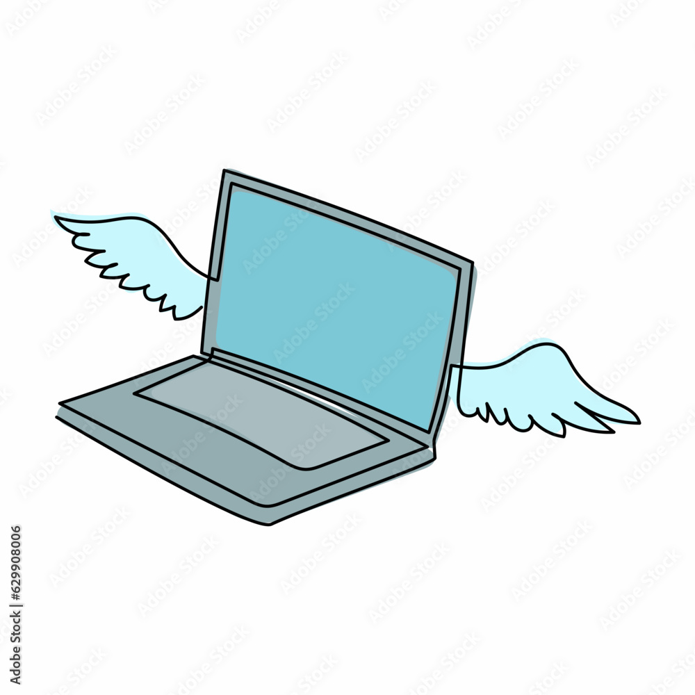 Poster continuous one line drawing flying laptop with wings. winged laptop computer flying in sky. cloud co