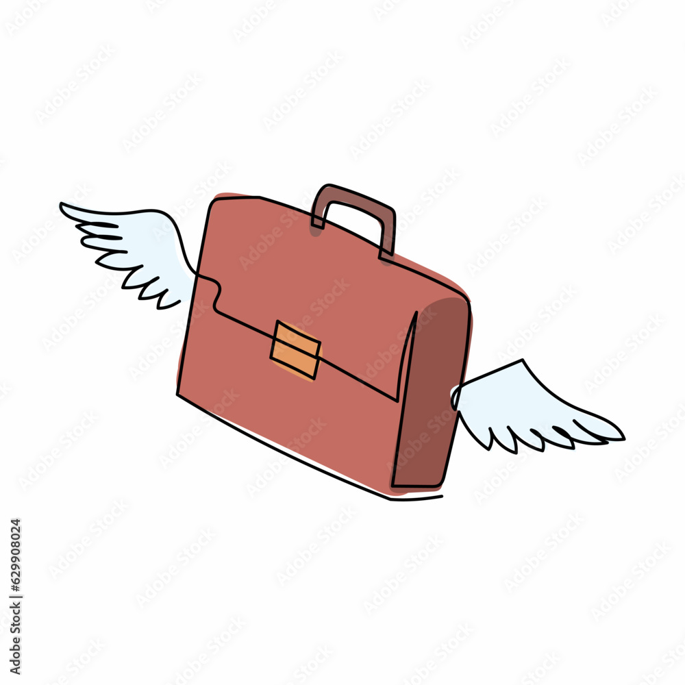 Poster single continuous line drawing flying briefcase with wings. traveling suitcase in flight. isolated v
