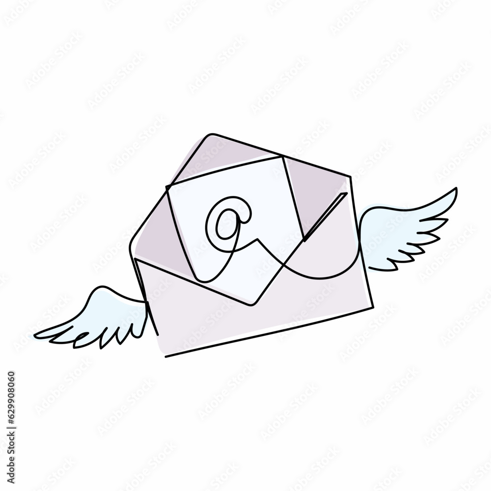 Poster continuous one line drawing flying mail envelope with wings. incoming message has been read. decorat