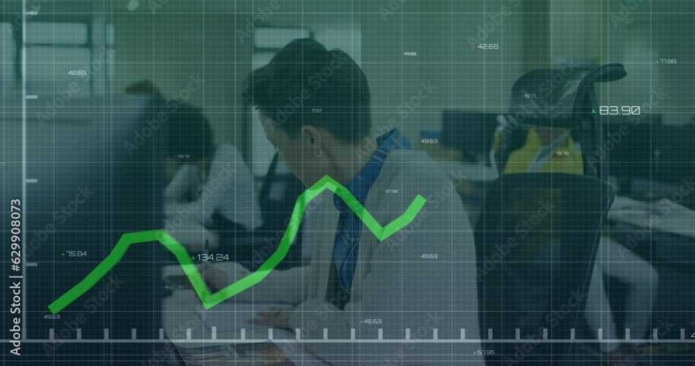 Poster animation of statistical data processing over caucasian woman taking notes at office