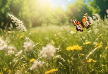 Obraz premium Abstract summer nature background, patch road, Blooming wild grass and a flying butterfly in the forest at sunny day