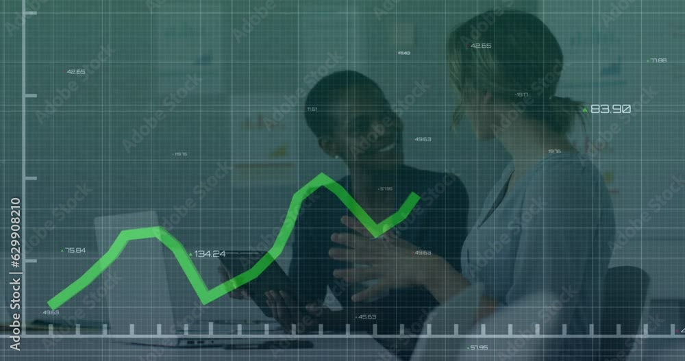 Aufkleber animation of statistical data processing over two diverse women discussing over a tablet at office