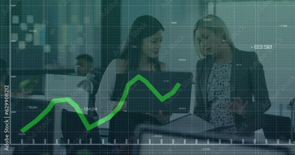 Aufkleber animation of statistical data processing over two diverse women discussing over a laptop at office