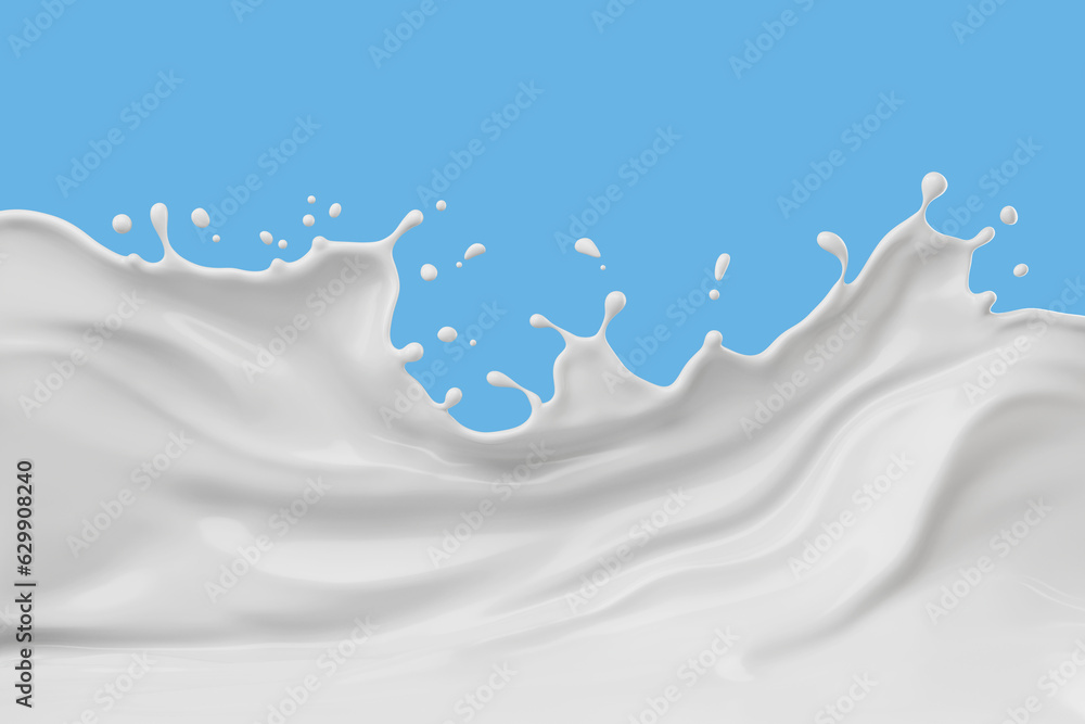 Poster milk splashes isolated on blue background, with clipping path , 3d rendering.