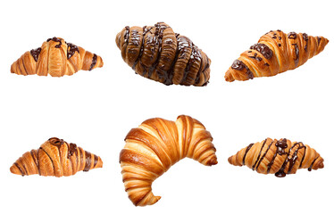 set of croissants, isolated on transparent background cutout - png - different flavors mockup for design - image compositing footage - alpha channel - obrazy, fototapety, plakaty