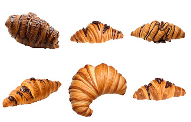 set of chocolate croissants, isolated on transparent background cutout - png - different flavors mockup for design - image compositing footage - alpha channel - 629908232