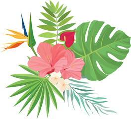 summer bouquet with tropical leaves decoration
