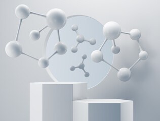molecule on white wall with display podium mockup background for cosmetic product stand, 3d rendering.