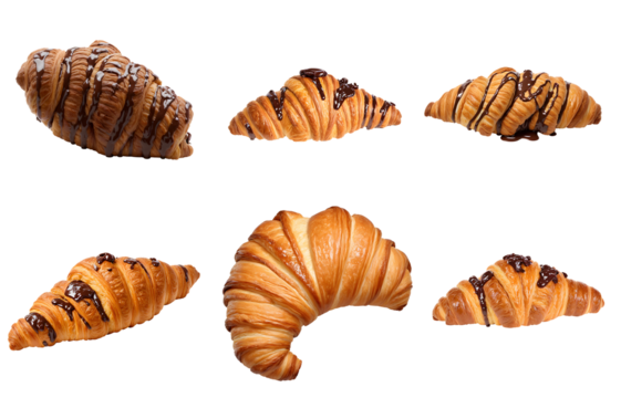 set of chocolate croissants, isolated on transparent background cutout - png - different flavors mockup for design - image compositing footage - alpha channel
