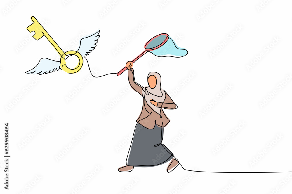 Poster single one line drawing arab businesswoman try to catching flying key with butterfly net. losing key