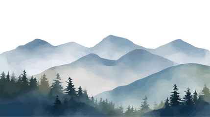 Landscape hills abstract art watercolor painting background with birds flying on mountains range, Vector landscape paintings banner for decoration design, wallpaper, illustration, fabric