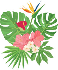 summer bouquet with tropical leaves decoration