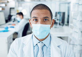 Portrait, mask and man in a laboratory, research and career with covid protection, medical and safety. Face cover, person and researcher with compliance, lab and scientist with serious professional