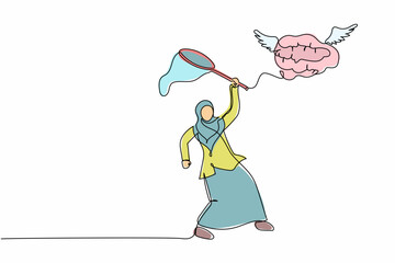 Single one line drawing Arab businesswoman try to catching flying brain with butterfly net. Losing brilliant mind or creative thinking concept. Continuous line draw design graphic vector illustration