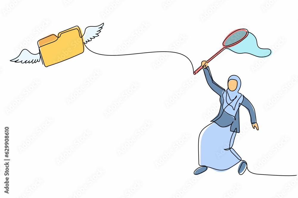 Poster continuous one line drawing arabian businesswoman try to catching flying folder with butterfly net. 