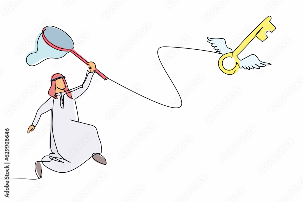 Poster continuous one line drawing arabian businessman try to catching flying key with butterfly net. lost 