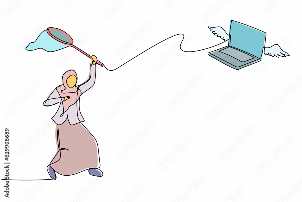 Poster single one line drawing arabian businesswoman try to catching flying laptop with butterfly net. losi