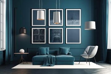 A single color monochrome mockup scenario of a dark blue interior room with four frames on the wall and no furniture. Generative AI