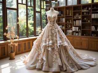 White wedding dress gown on mannequin in a modern house. Bride's morning wedding preparation concept